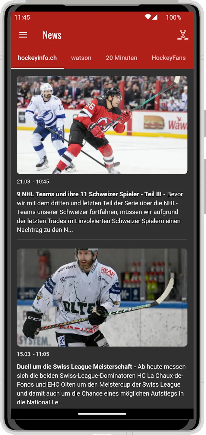 HockeyInfo app: news screen
